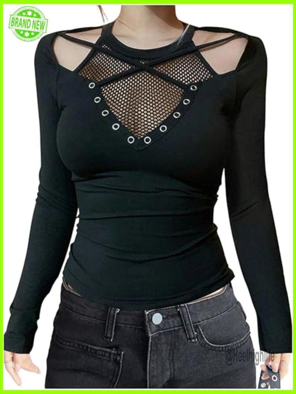 Y2k Cut Out Long Sleeve Fishnet Mesh Gothic Fitted T-Shirt